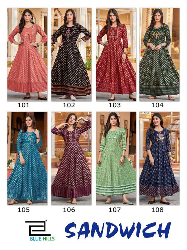 Blue Hills Sandwich Heavy Rayon Anarkali Print Designer Kurti Collection 